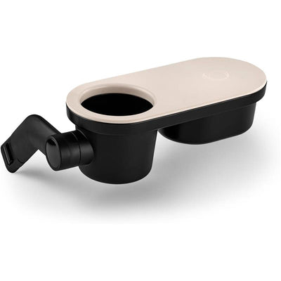 Bugaboo Food and Drink Tray designed for Bugaboo strollers, featuring a beige top with cup and storage compartments.