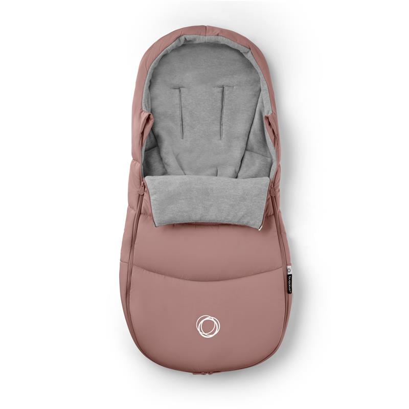 Bugaboo Footmuff in Dusty Pink with a soft grey interior, designed for keeping infants warm in strollers.