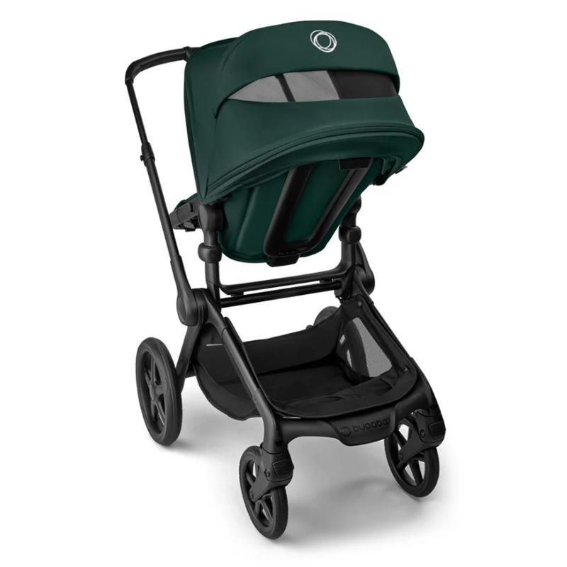 Bugaboo Fox 5 Renew stroller in Black and Fern Green, featuring a spacious seat and a large sun canopy.