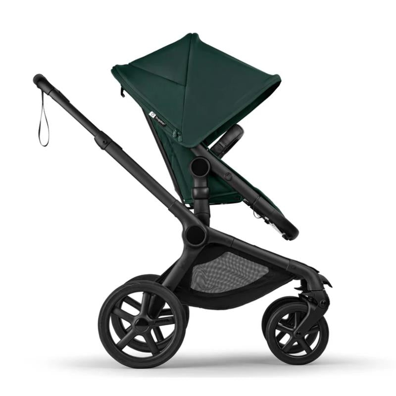 Bugaboo Fox 5 Renew stroller in Black with Fern Green fabric; features a sleek frame and large wheels for easy maneuvering.