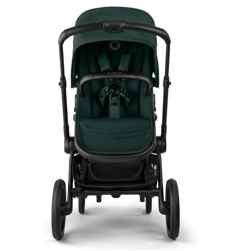 Bugaboo Fox 5 Renew complete bassinet and seat in black and fern green, featuring a spacious seat, harness, and large wheels.