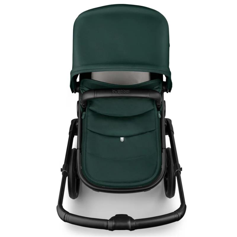 Bugaboo Fox 5 Renew Complete Bassinet & Seat in Black/Fern Green, featuring a sleek design and adjustable handlebar.