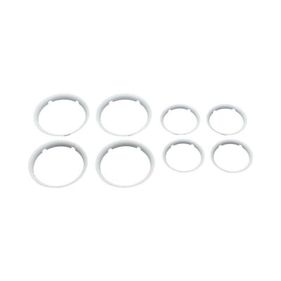 White wheel caps for Bugaboo Fox stroller, featuring eight circular components in varying sizes, designed for customization.