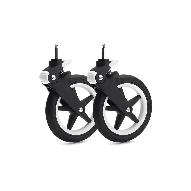 White wheel caps for Bugaboo Fox stroller, featuring black wheels with a five-spoke design and a white outer rim.
