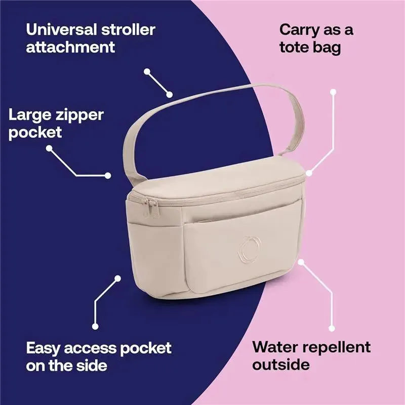 Bugaboo Organizer in Desert Taupe, featuring a universal stroller attachment, large zipper pocket, side access pocket, and water-repellent exterior.