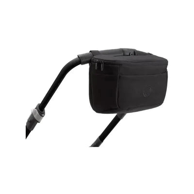 Black Bugaboo Organizer attached to a stroller, featuring zippered compartments and an embossed logo for storage and convenience.