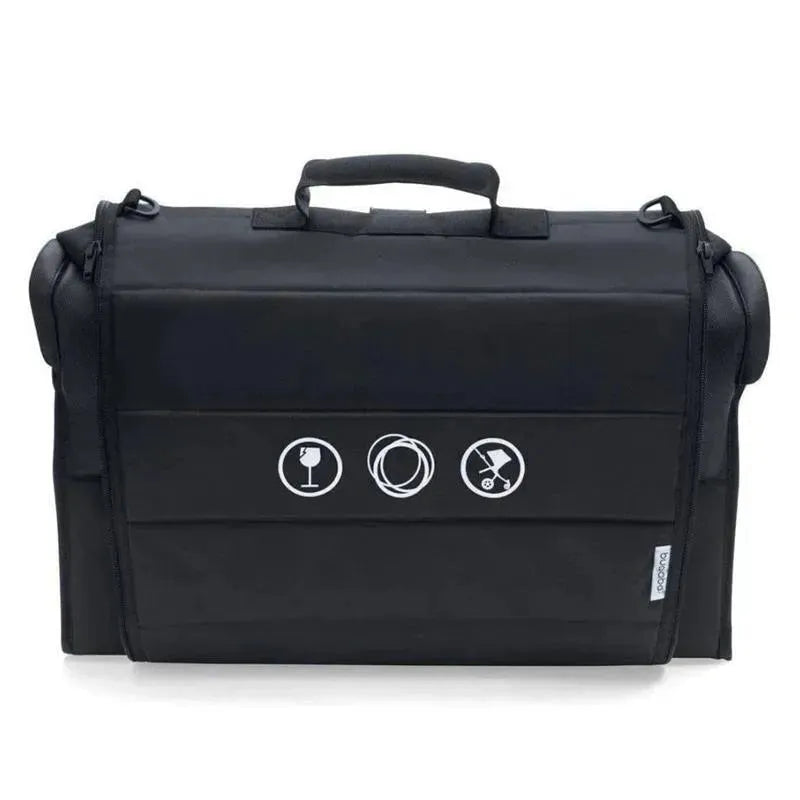 Universal Comfort Transport Bag by Bugaboo, featuring a sleek black design with icons indicating care instructions.