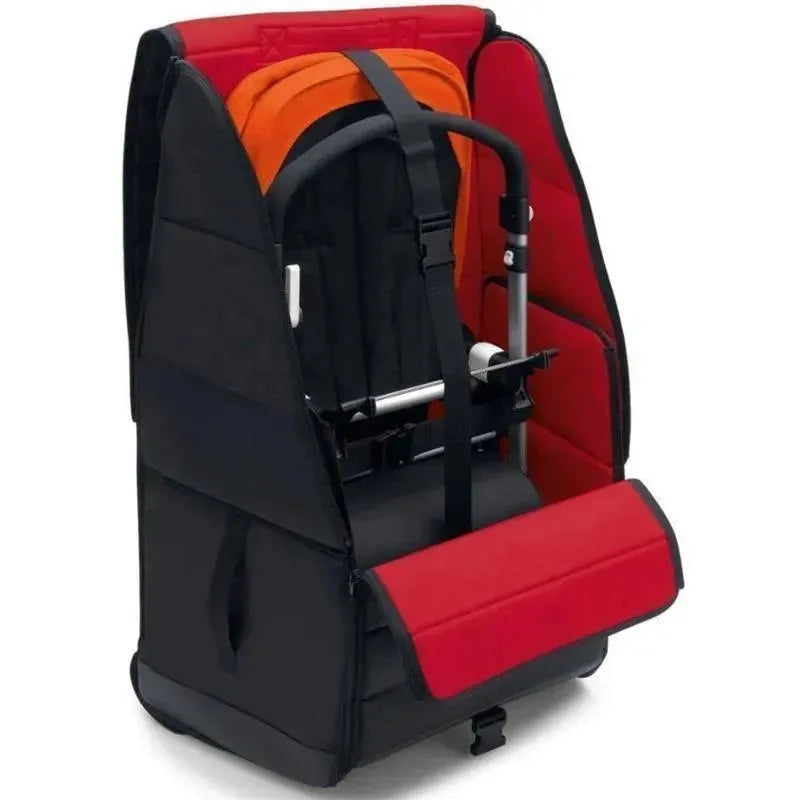 Universal Comfort Transport Bag by Bugaboo, featuring a black and red design with padded interior and adjustable straps.