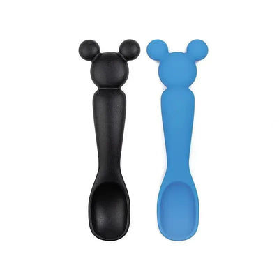 Two baby spoons in black and blue colors featuring Mickey Mouse-shaped handles, designed for young children.