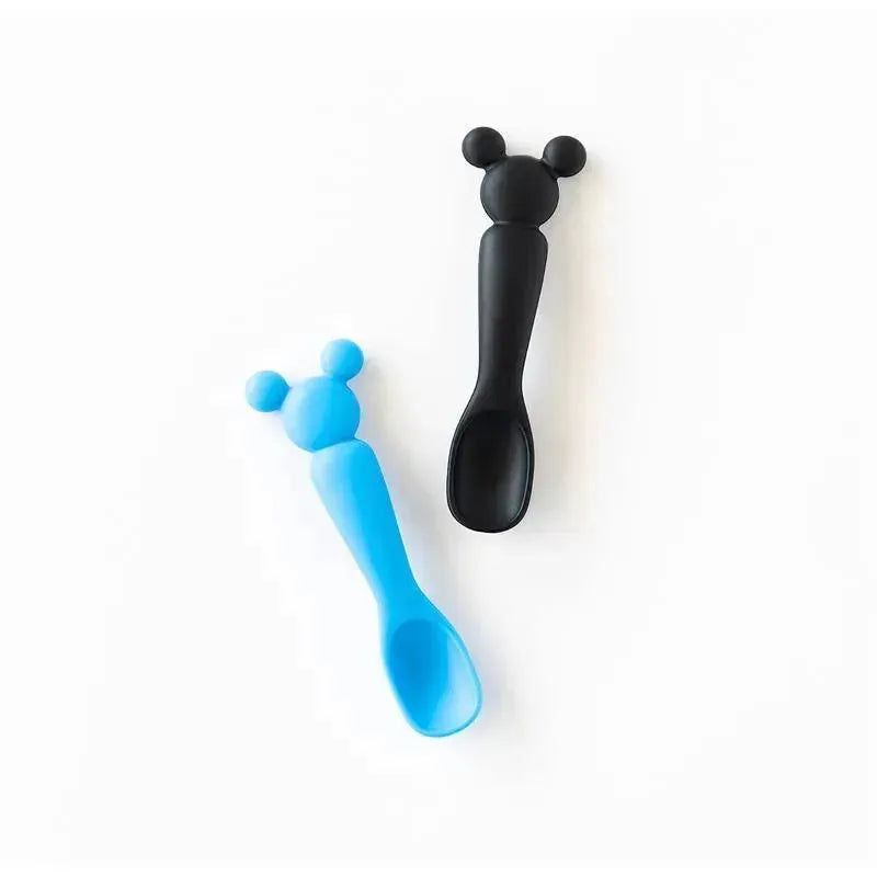 Set of two baby spoons featuring Mickey Mouse heads, one blue and one black, designed for toddlers.