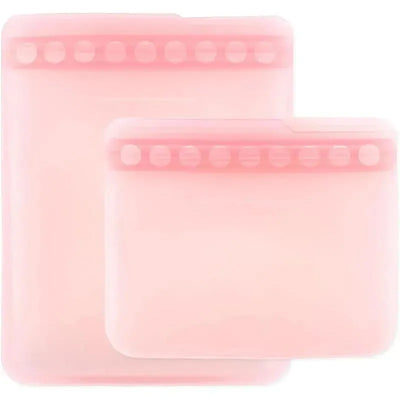 Silicone flat reusable bags in pink, featuring a secure sealing top, available in two sizes.
