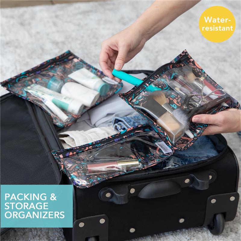 Three transparent packing bags with various beauty and hygiene products are being organized in a suitcase.