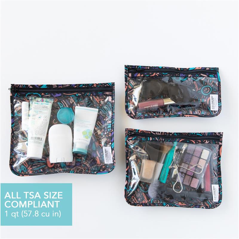 Clear travel bags featuring colorful designs, holding cosmetics and toiletries, marked TSA compliant.