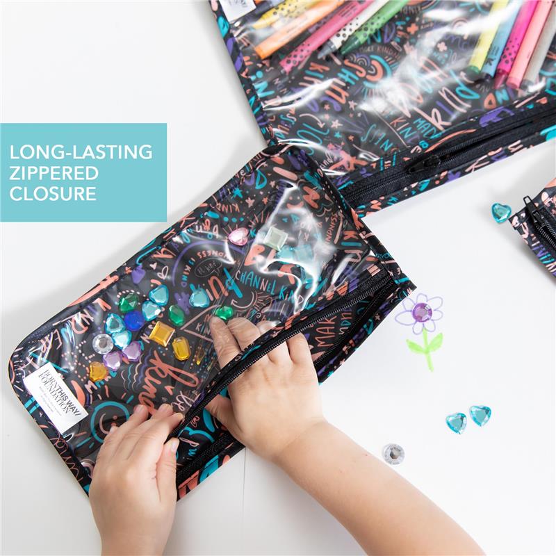 Bumkins 3-pack travel bags featuring a colorful design with gems and a long-lasting zippered closure, showcasing crafting supplies.