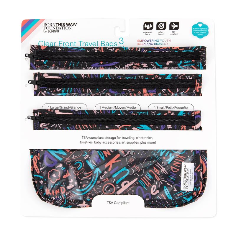 Three clear travel bags in various sizes, featuring colorful text promoting kindness and TSA-compliant design.