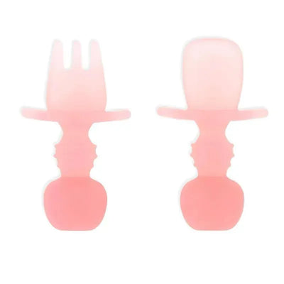 Silicone baby utensils set in pink jelly color, featuring a fork and spoon with ergonomic design for easy grip.