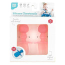 Bumkins Silicone Chewtensils set in pink jelly, promoting self-feeding, featuring soft textured utensils for babies.
