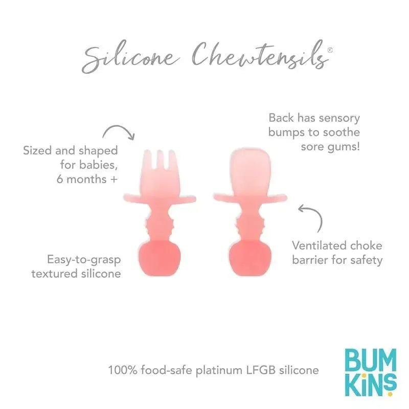 Silicone Chewtensils set in pink jelly for babies, featuring easy-to-grasp design, sensory bumps, and choke barrier for safety.