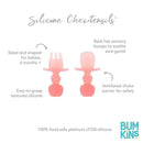 Silicone Chewtensils set in pink jelly for babies, featuring easy-to-grasp design, sensory bumps, and choke barrier for safety.