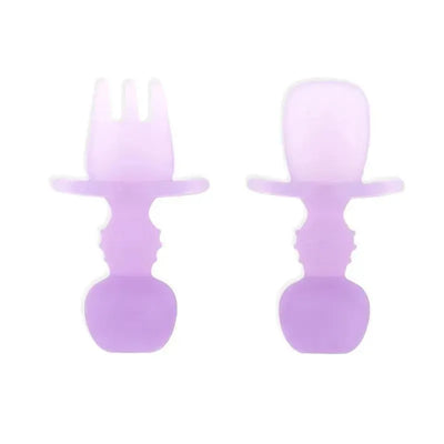 Purple silicone baby utensil set featuring a fork and spoon, designed for easy grip and safe use by infants.
