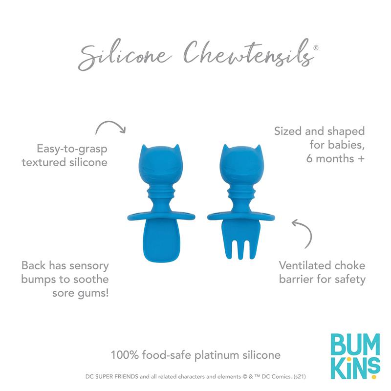 Batman-themed blue silicone baby utensils set featuring a spoon and fork with textured grips and safety features.