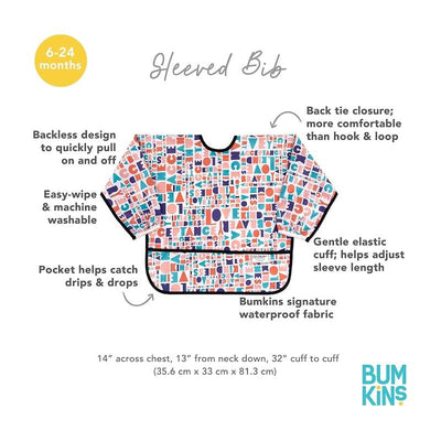 Bumkins Born This Way Foundation Sleeved Bib features colorful designs, back tie closure, and an easy-wipe, waterproof fabric.