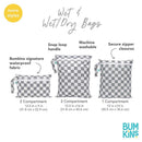 Bumkins Born This Way Foundation Wet/Dry Bag, Be Kind design with various sizes, featuring checked patterns and waterproof fabric.