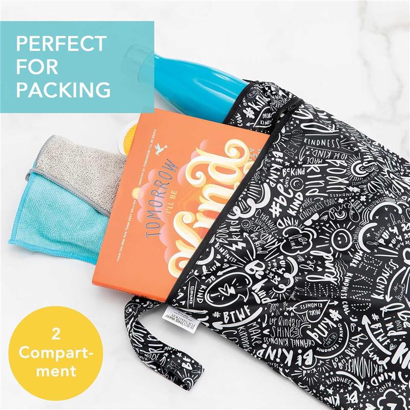Bumkins Born This Way Foundation Wet/Dry Bag is black with playful white graphics, containing a water bottle, cloths, and a book.