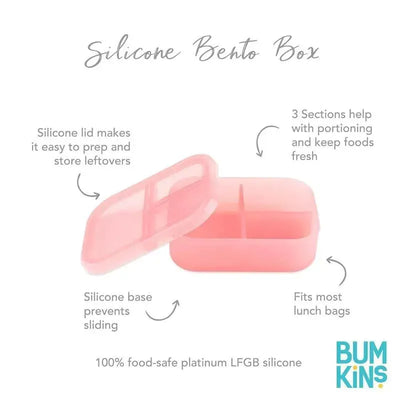 Bumkins pink silicone bento box with three compartments, featuring a silicone lid and text detailing its benefits.