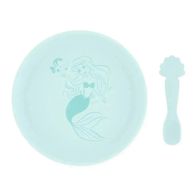Silicone plate and spoon set featuring Princess Ariel design, suitable for babies and toddlers aged 6 months and up.
