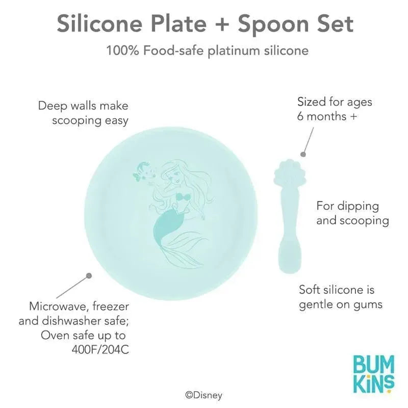 Disney Princess Ariel silicone plate and spoon set, 100% food-safe, suitable for ages 6 months+, with deep walls for easy scooping.
