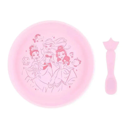 Bumkins pink silicone plate and spoon set featuring Disney princesses, designed for babies and toddlers.