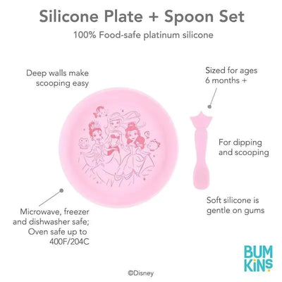 Disney-themed silicone plate and spoon set for babies, featuring princess designs, deep walls, and gentle silicone.