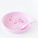 Pink silicone plate with Disney Princess designs and a matching spoon, suitable for babies and toddlers, age 6 months and up.