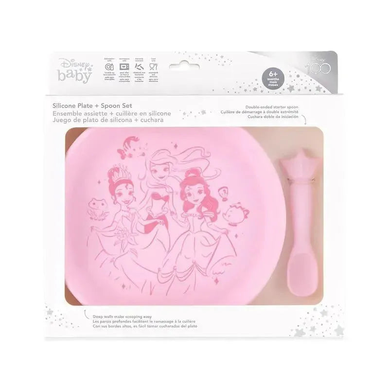 Bumkins Disney Baby silicone plate and spoon set in pink featuring Princess characters, suitable for infants 6 months and up.