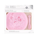 Bumkins Disney Baby silicone plate and spoon set in pink featuring Princess characters, suitable for infants 6 months and up.