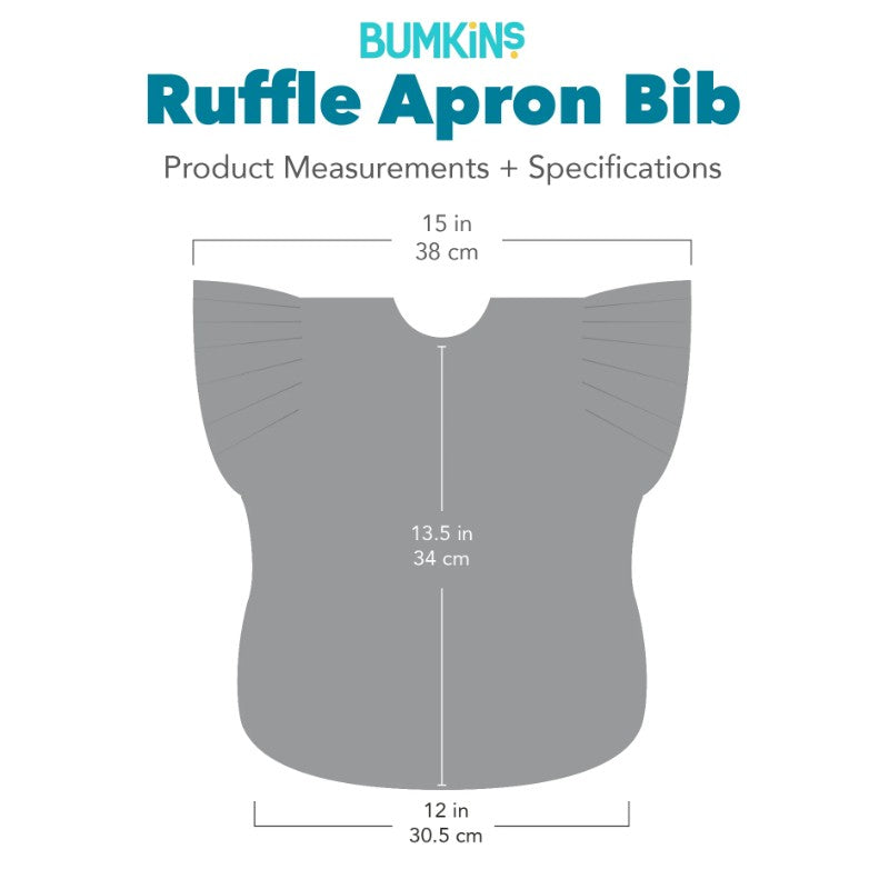 Disney Princess Ruffle Apron Bib by Bumkins, showcasing measurements: 15 in wide, 13.5 in long, 12 in base.