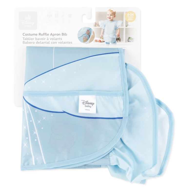 Bumkins Disney Princess Ruffle Apron Bib featuring Cinderella design, light blue with ruffled sleeves, for ages 6-24 months.