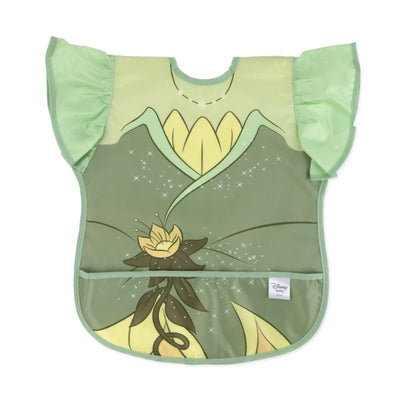 Bumkins Disney Ruffle Apron Bib featuring Tiana with ruffled sleeves and a floral design in green, suitable for kids.