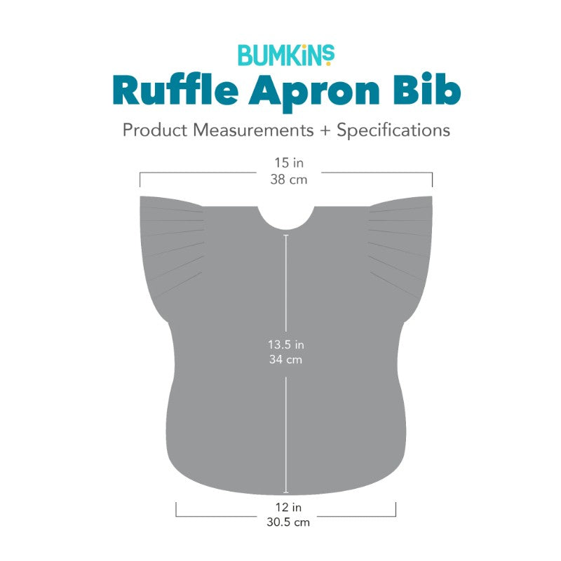 Bumkins Disney Ruffle Apron Bib featuring measurements: 15 in width, 13.5 in height, 12 in depth, designed for feeding.