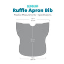 Bumkins Disney Ruffle Apron Bib featuring measurements: 15 in width, 13.5 in height, 12 in depth, designed for feeding.