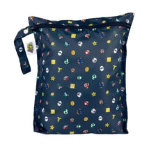 Waterproof wet bag featuring a navy background with colorful Nintendo Super Mario character designs and icons.
