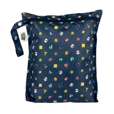 Waterproof wet bag featuring a navy background with colorful Nintendo Super Mario character designs and icons.
