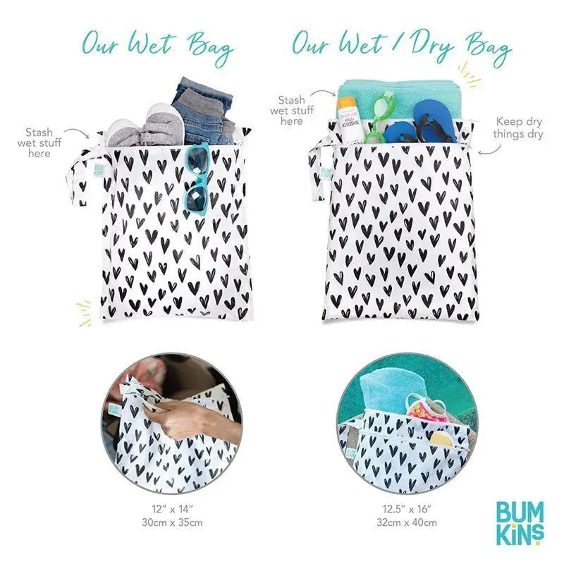 Bumkins Disney Waterproof Wet Bag featuring black heart pattern, designed for storing wet and dry items.
