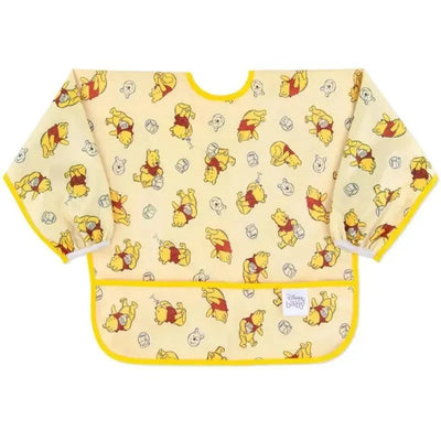 Long-sleeved toddler bib featuring a whimsical pattern of Winnie the Pooh and honey pots on a yellow background.