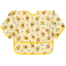 Long-sleeved toddler bib featuring a whimsical pattern of Winnie the Pooh and honey pots on a yellow background.
