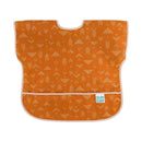 Junior bib by Bumkins in an orange color with white arrow patterns, featuring a pocket at the bottom.