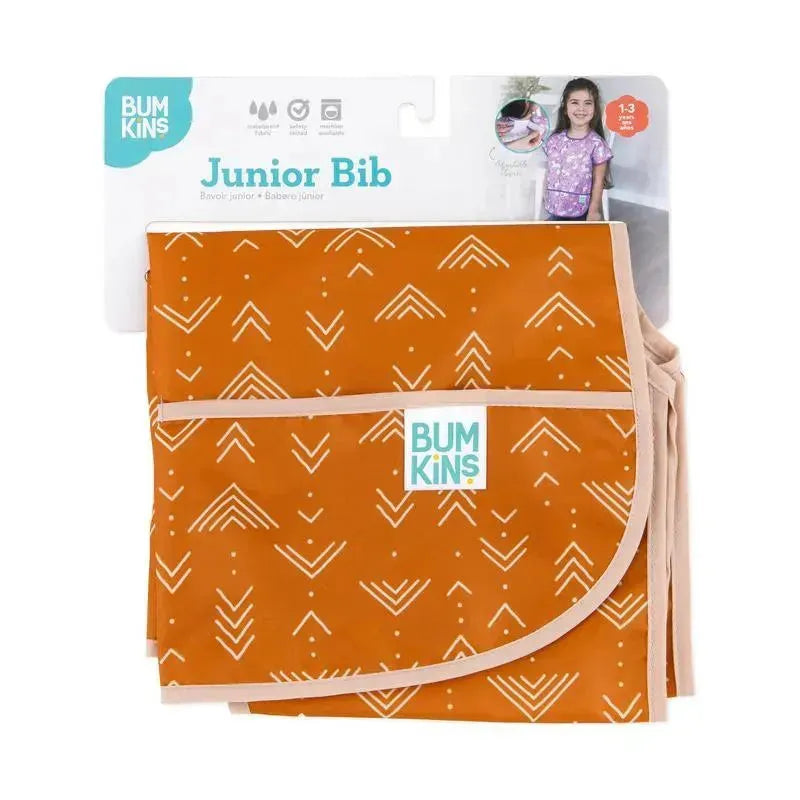 Bumkins Junior Bib in a grounded, geometric pattern, designed for toddlers ages 1-3, includes a pocket for catching spills.