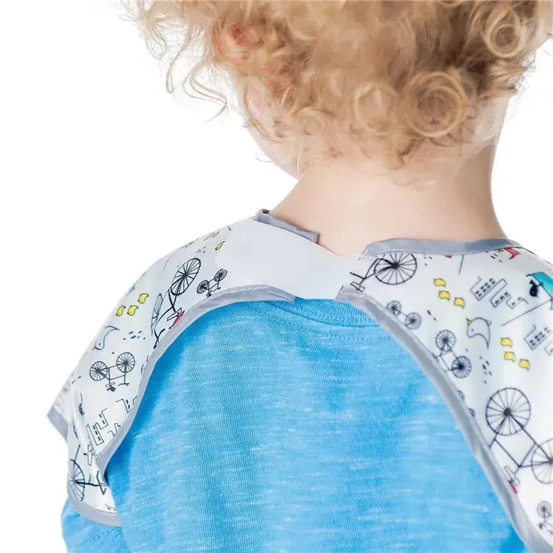 Bumkins Junior Bib featuring a colorful hearts design, worn by a child, showcasing the back and collar area.