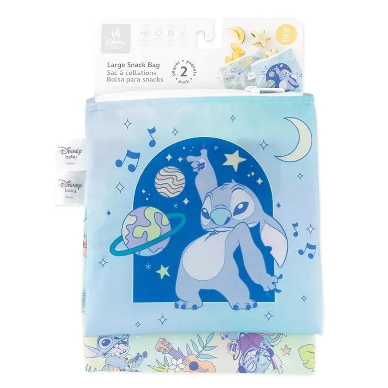 Large Snack Bag from Bumkins featuring Stitch in a space theme, with planets and musical notes in blue tones. Pack includes two bags.